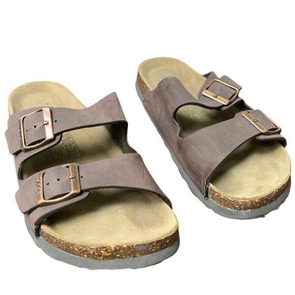 Odoly Shoes - Odoly Mens Size 6.5 Womens 8.5 Brown Faux Leather Slide On Cork Sandal Shoes